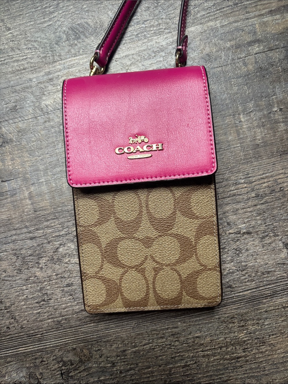 Coach Pink Leather Flap Signature Canvas Crossbody Phone Bag